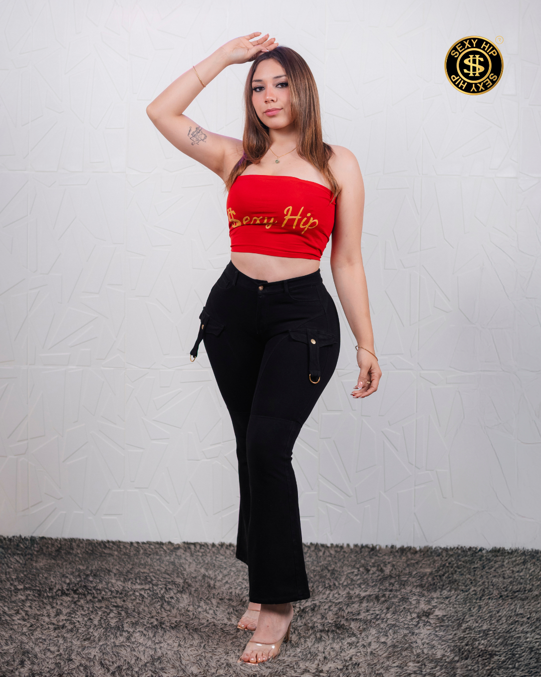 Pantalón Campanero Estrella Negro con Diseño de Falso Bolsillo