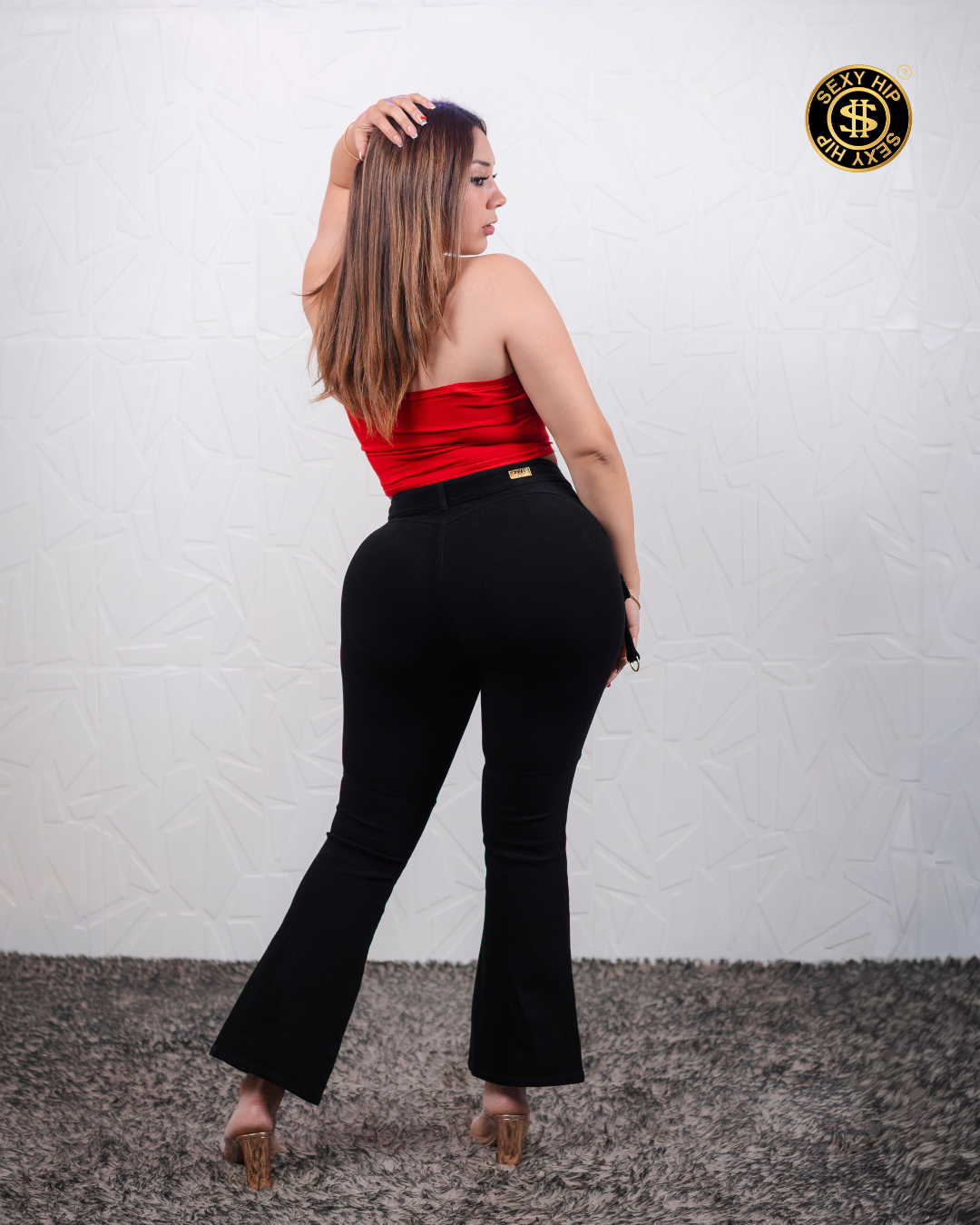 Pantalón Campanero Estrella Negro con Diseño de Falso Bolsillo